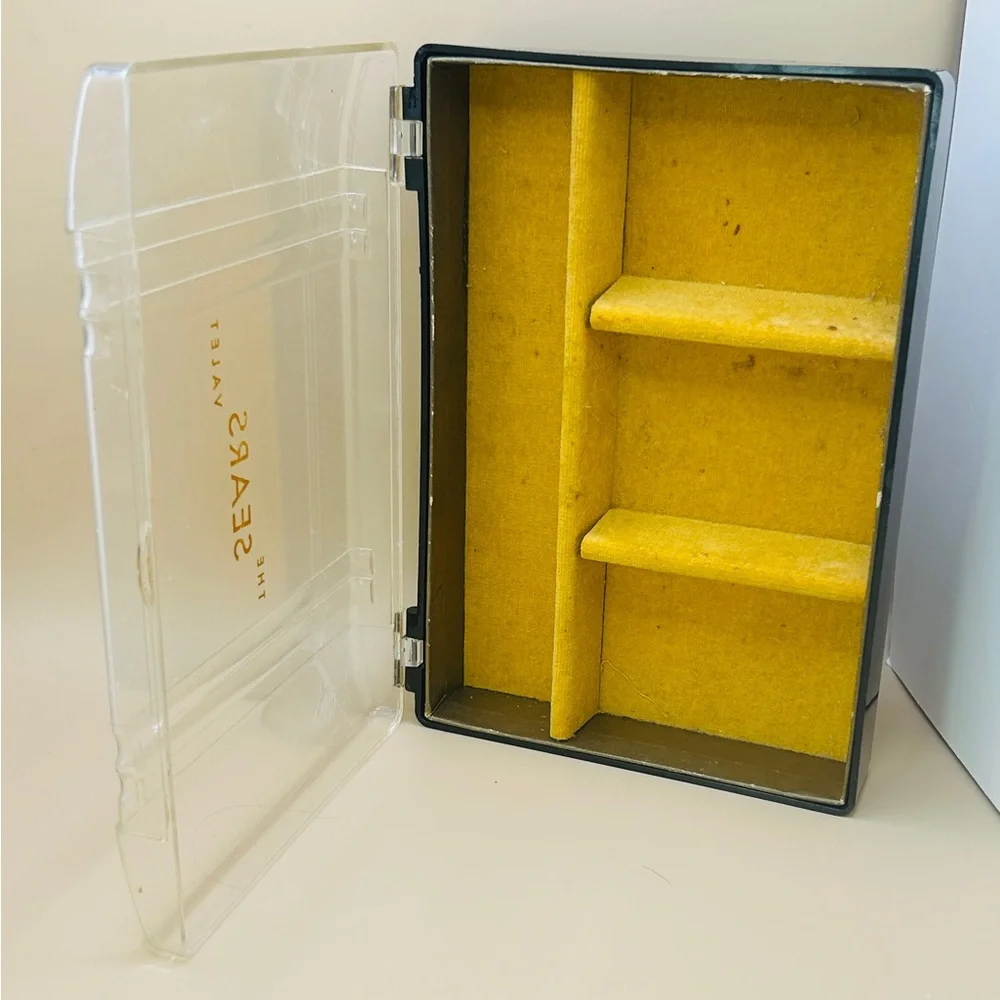 The Sears Valet Vintage Black Plastic Compartment Box with Yellow Felt Interior